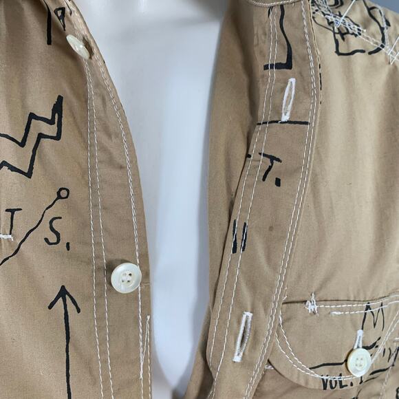 Size M Tan Black Graffiti Cotton Two Pockets Long Sleeve Shirt - Picture 8 of 13